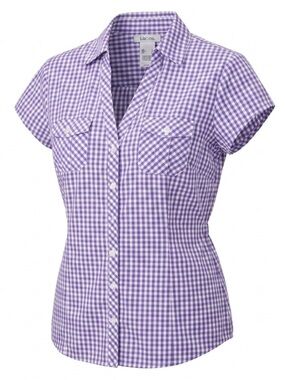 Liz & Co Purple Gingham Plaid Western Button Up Blouse Large